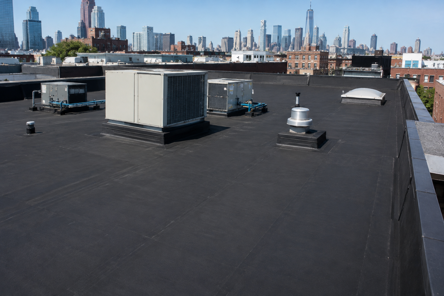 Reflective white EPDM roofing membrane installation on NYC building by Nexus Construction Group Inc