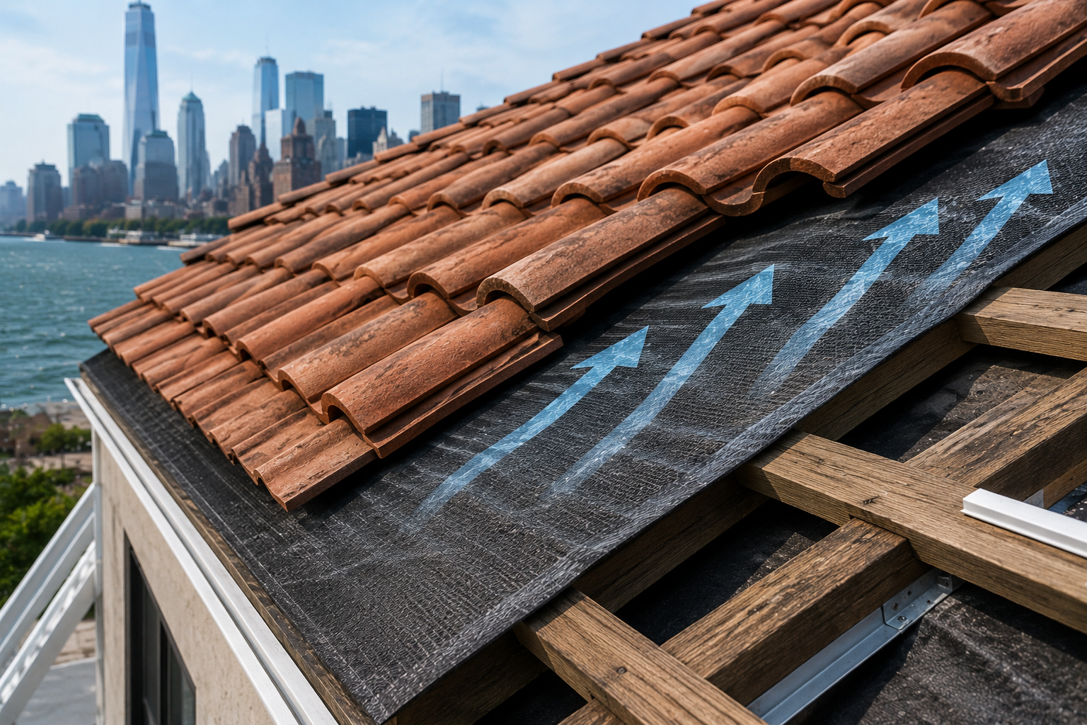 Breathable underlayment installation detail beneath clay tile roofing in NYC