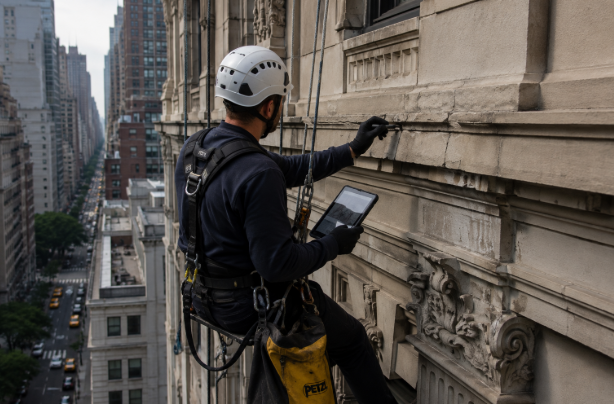 QEWI facade inspection on NYC building exterior wall by Nexus Construction Group Inc